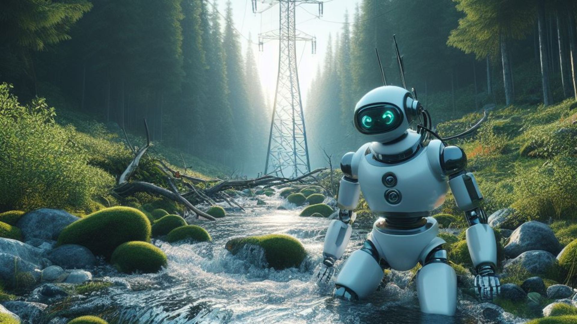 Ormanda su akışı ve elektrik hatları olan robot