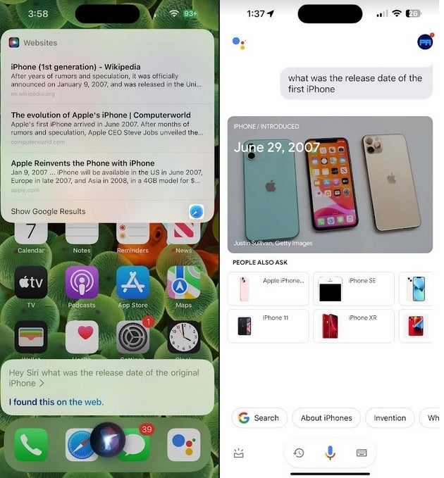 Siri (L) ve Google Asistan (R), orijinal iPhone'un çıkış tarihiyle ilgili aynı soruyu yanıtlıyor - Siri, iOS 18 AI makyajından sonra dijital asistanlar alanında King olabilir