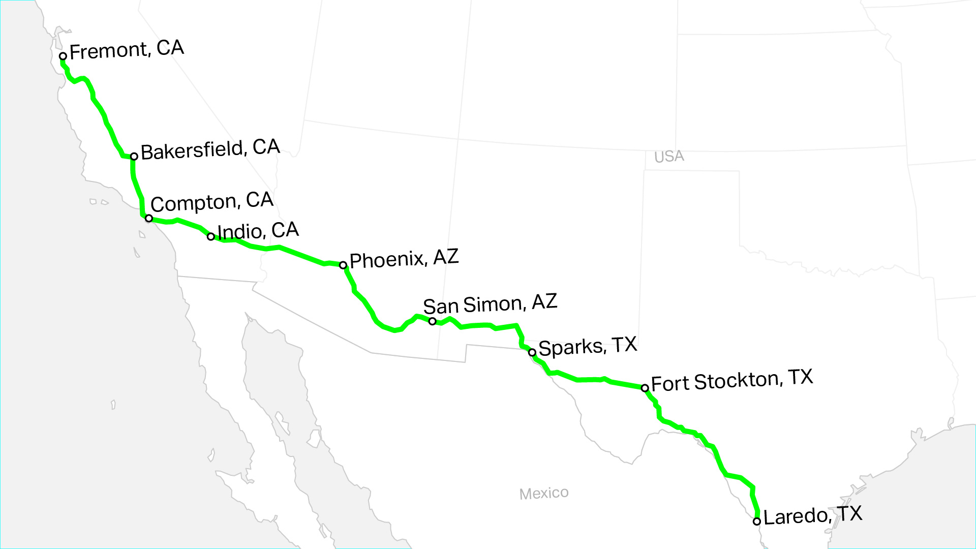 Fremont, CA'dan Laredo, Teksas'a önerilen şarj koridorunun haritası