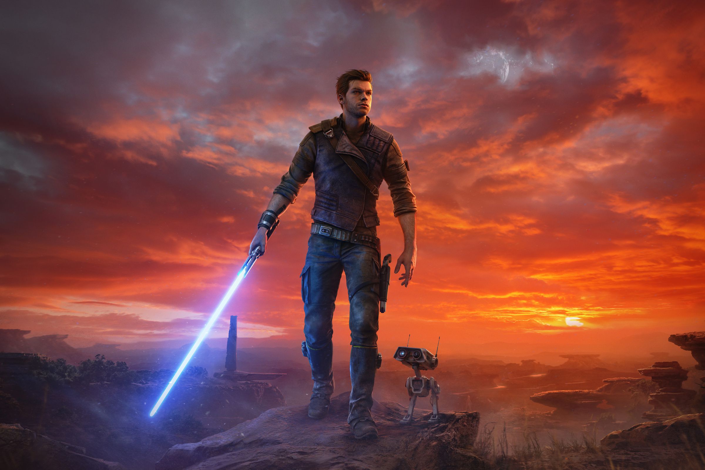 Star Wars Jedi: Survivor'un kapak resmi, ana karakter Cal Kestis'i ve droidi BD-1'i ıssız bir fonun önünde gösteriyor.