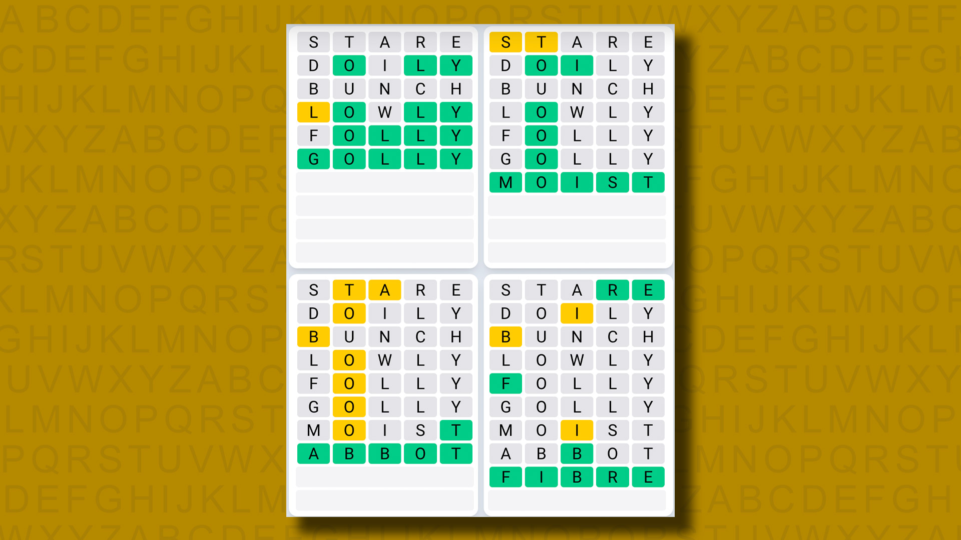 Quordle Daily Sequence, sarı arka planda 832 numaralı oyunun yanıtlarını veriyor