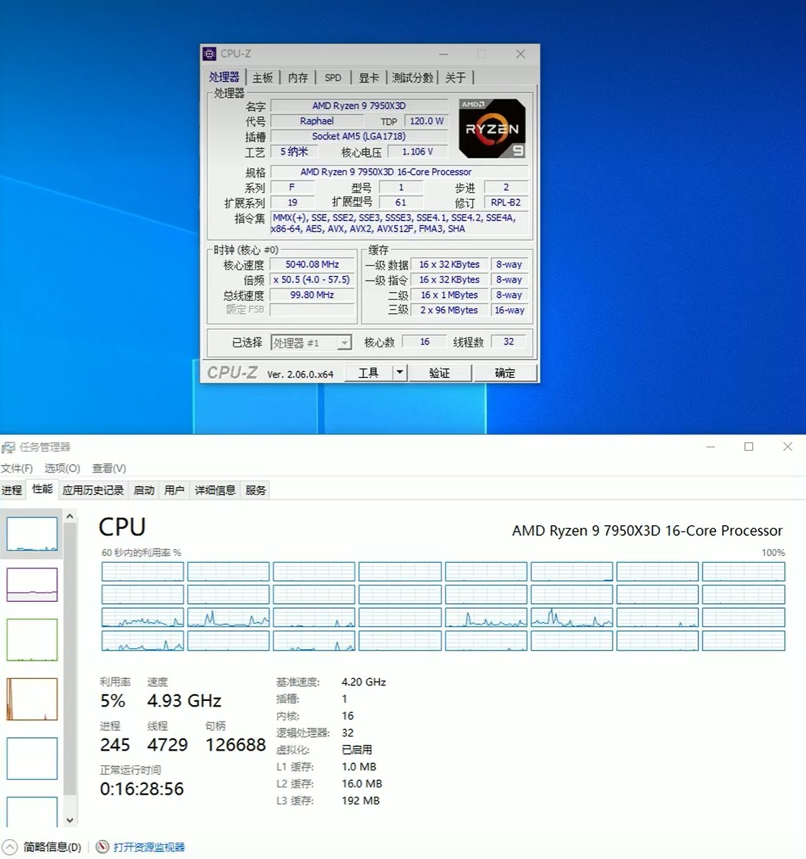 AMD Ryzen 9 7950X3D CPU hakkında Windows Görev Yöneticisi ve CPU-Z raporu