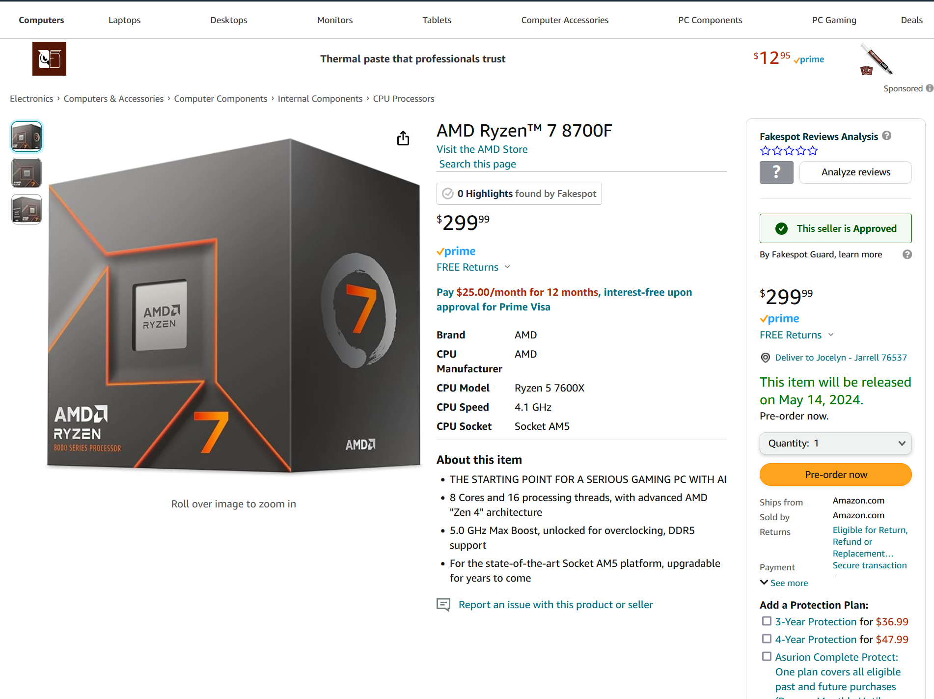 AMD Ryzen 7 8700F Amazon Listesi