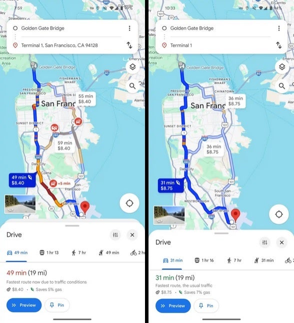 Solda mevcut Google Haritalar kullanıcı arayüzü, sağda yeniden tasarlanmış kullanıcı arayüzü - İlk olarak Şubat ayında görülen Google Haritalar'ın yeniden tasarlanmış sürümü geri dönüyor