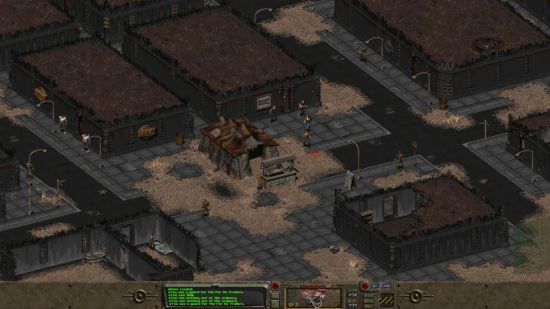 Fallout'un, çevresinde birkaç muhafızın bulunduğu yıkık, tozlu yerleşim yerlerinden biri.
