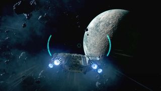 Star Wars Outlaws: Ayın yakınında uçan uzay gemisi.