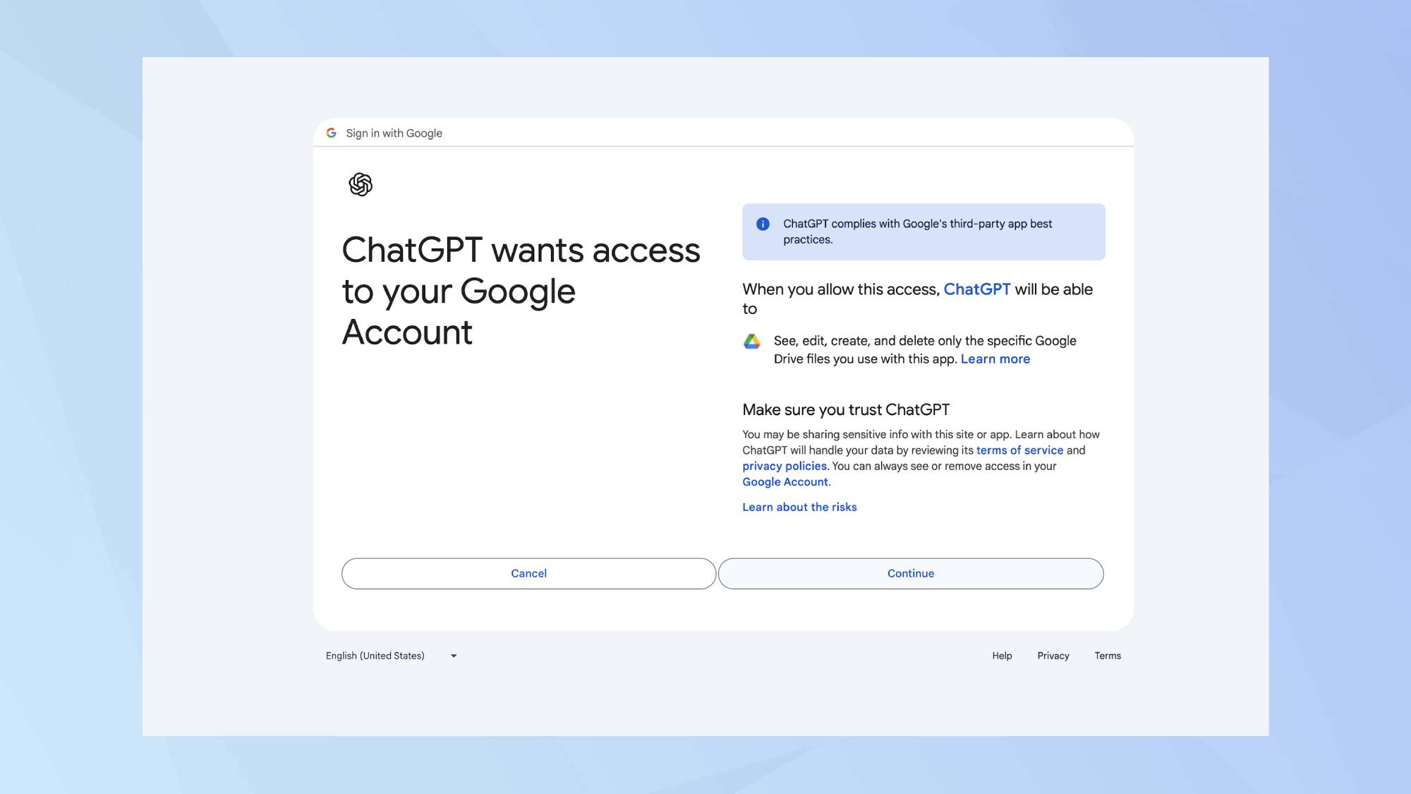 ChatGPT'ye bağlanmak için Google Drive erişim onayı sayfasının ekran görüntüsü. 