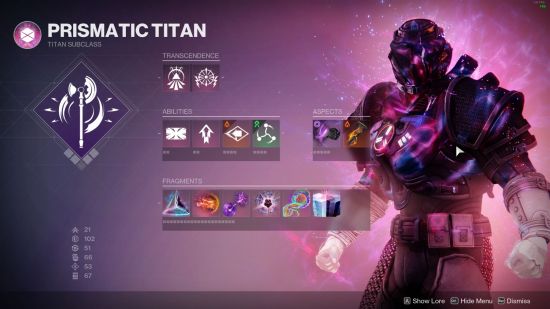 Destiny 2 Prismatic Titan yapım ekranı