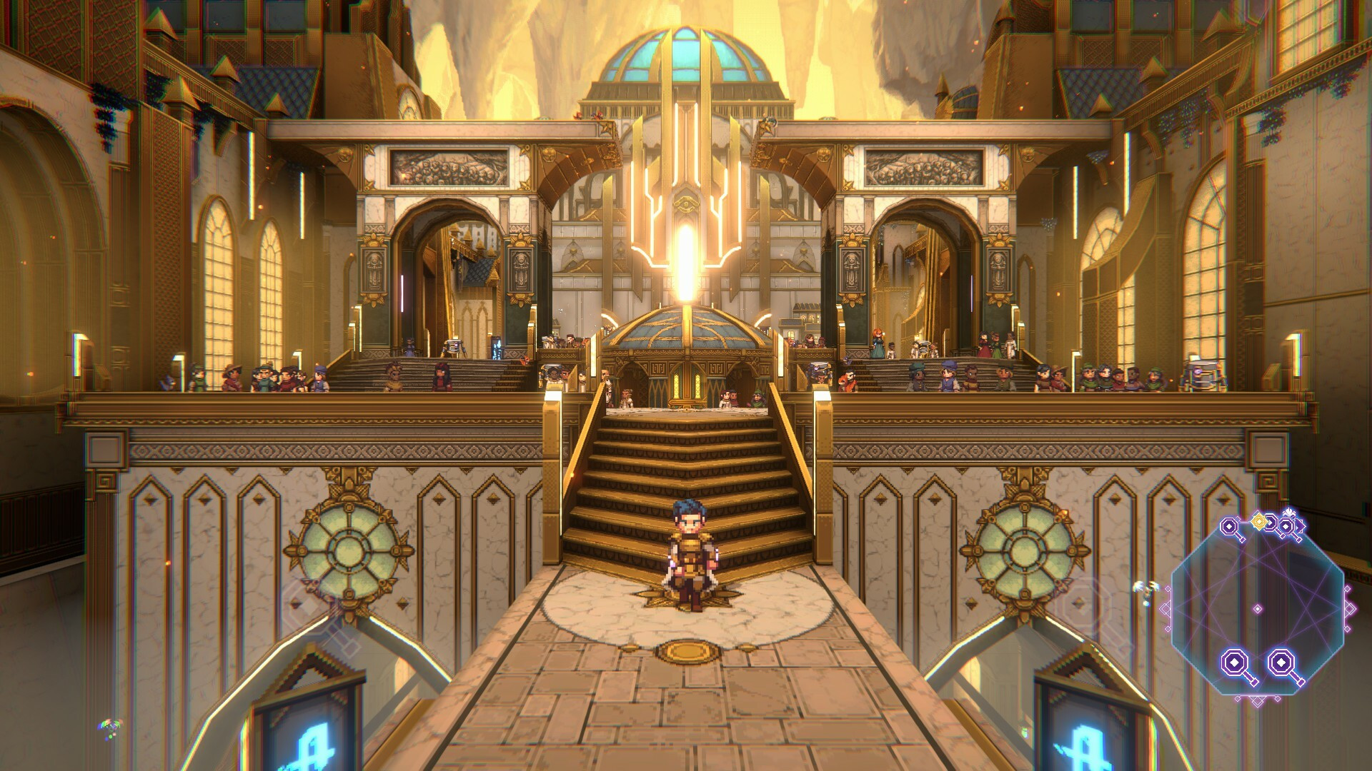 Çarpıcı yeni piksel sanatlı RPG için Sacrifire oyun testi başlıyor; bir karakter geniş, altın rengi bir salonda merdivenlerden aşağı yürüyor.