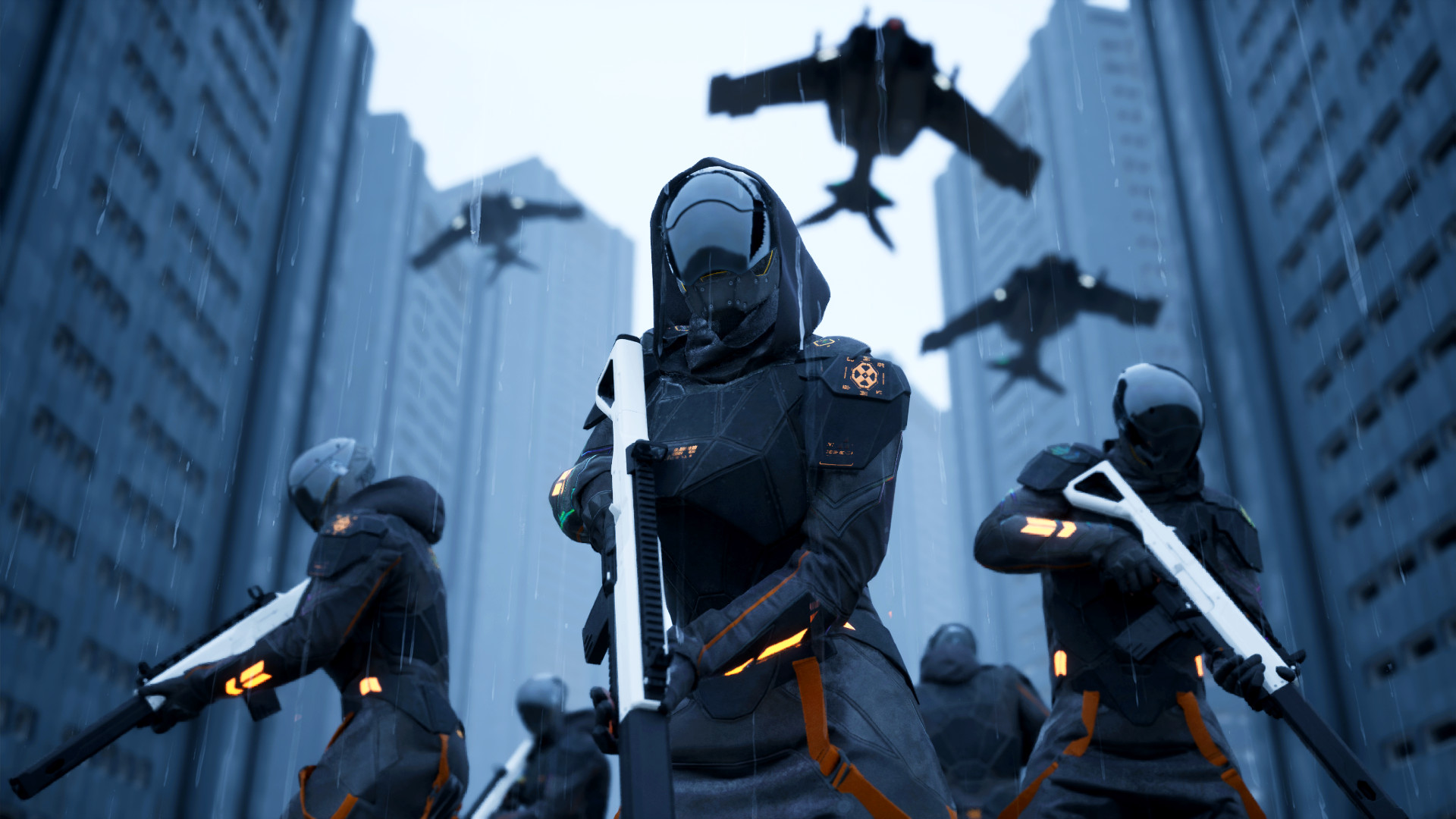 Yeni işbirlikçi nişancı oyunu Polaris - Jetler tepemizde uçarken, siyah kıyafetli beş asker bir dizi yüksek binanın arasında duruyor.