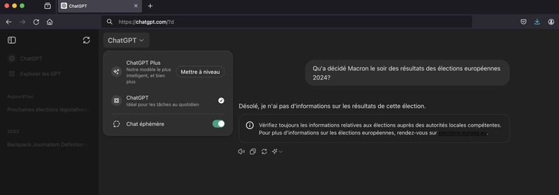 ChatGPT: geçici sohbet modunda soru.  Ekran görüntüsü Moctar KANE/ZDnet Fransa.