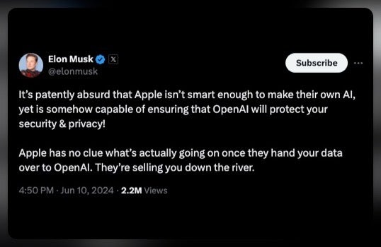 Elon Musk, iOS 18'deki ChatGPT / OpenAI entegrasyonu nedeniyle şirketlerinde Apple'ın yasaklanmasını tehdit ediyor