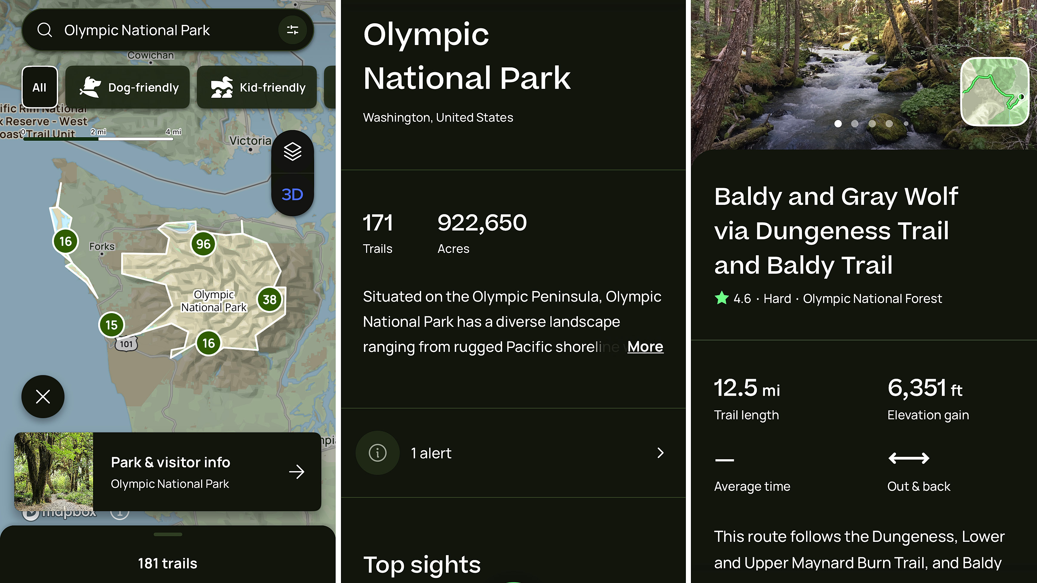 Washington'daki Olimpiyat Ulusal Parkı için AllTrails'in güncellenmiş Ulusal Park sayfalarını gösteren ekran görüntüleri