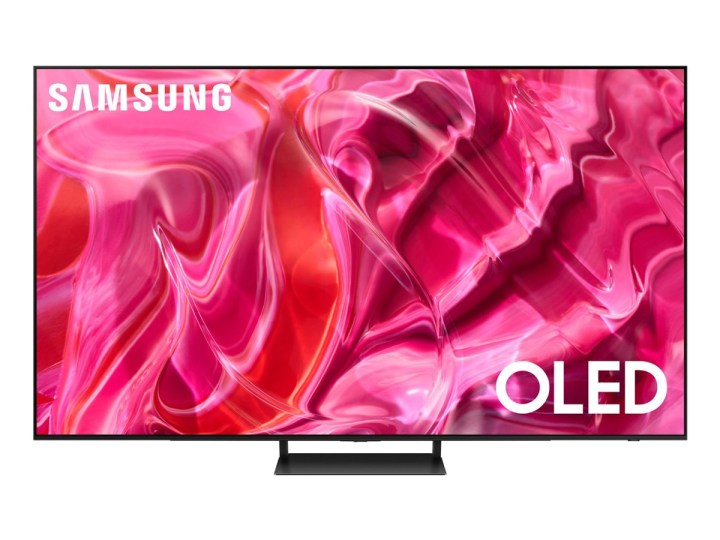 Beyaz bir arka plana sahip Samsung 65 inç S90C OLED 4K Tizen TV.