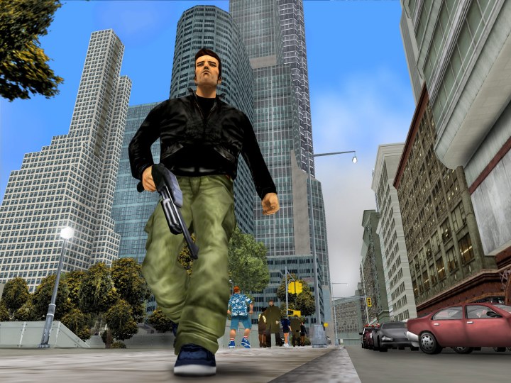 GTA 3'ün ana karakteri silahla yürüyor.