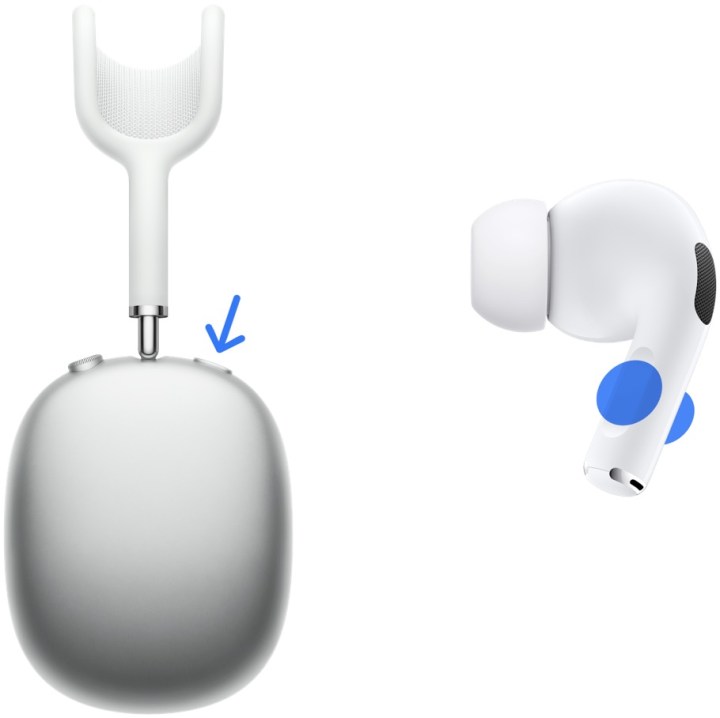 AirPods Max ve AirPods Pro'da gürültü kontrolü düğmelerinin nerede olduğunu gösteren resim. 