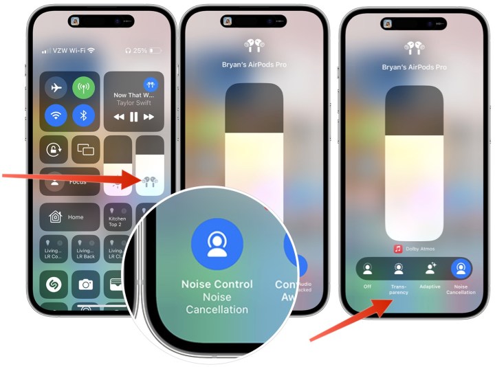 iPhone'daki AirPod'lar için gürültü kontrolünü gösteren ekran görüntüleri.
