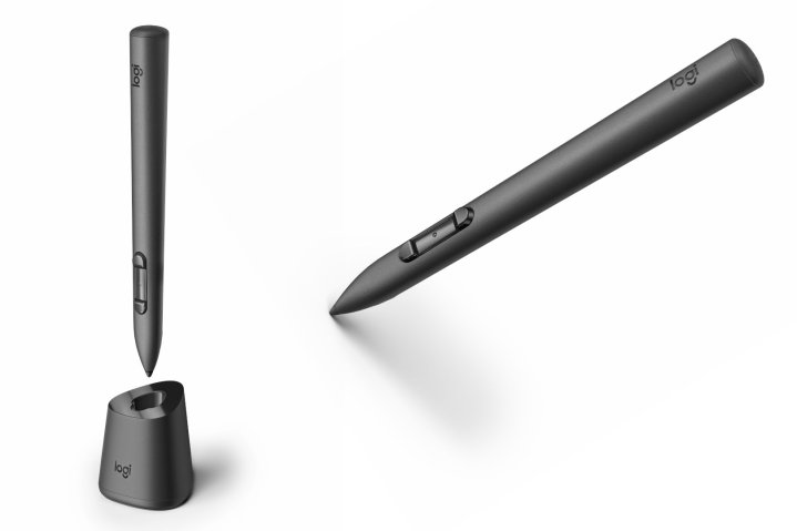 Logitech'in MX Ink Stylus ve MX Ink Well şarj tabanı beyaz bir arka plan üzerinde görünüyor.