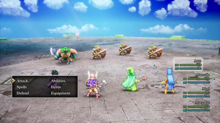 Dragon Quest 3 HD-2D Remake'te bir grup kahraman düşmanlarla savaşıyor.