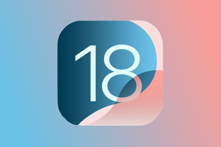 Mavi ve pembe arka planda iOS 18 logosu.