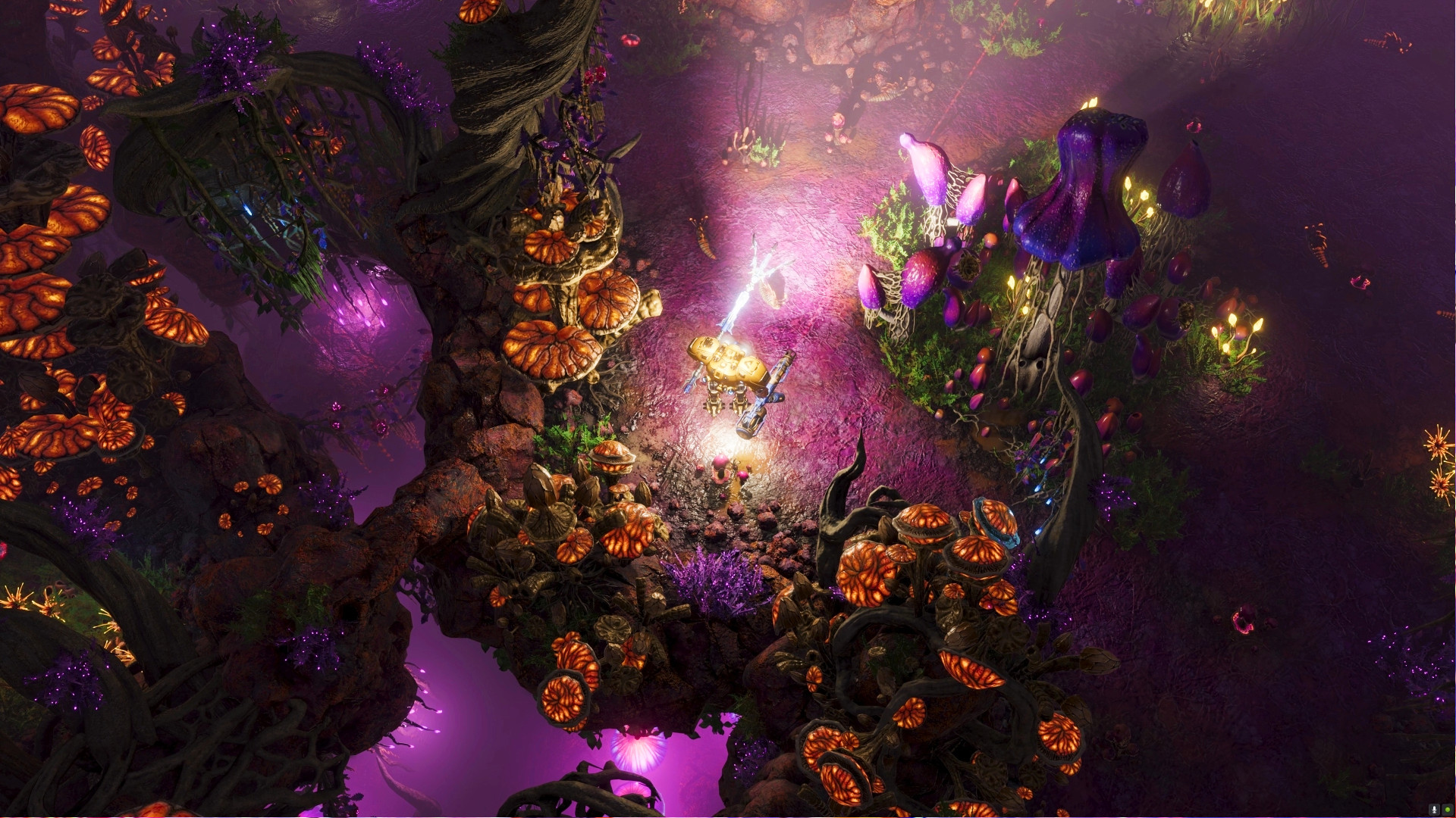 The Riftbreaker Heart of the Swamp DLC – Bir robot, mantarlarla kaplı mor renkli bir biyomu araştırıyor.