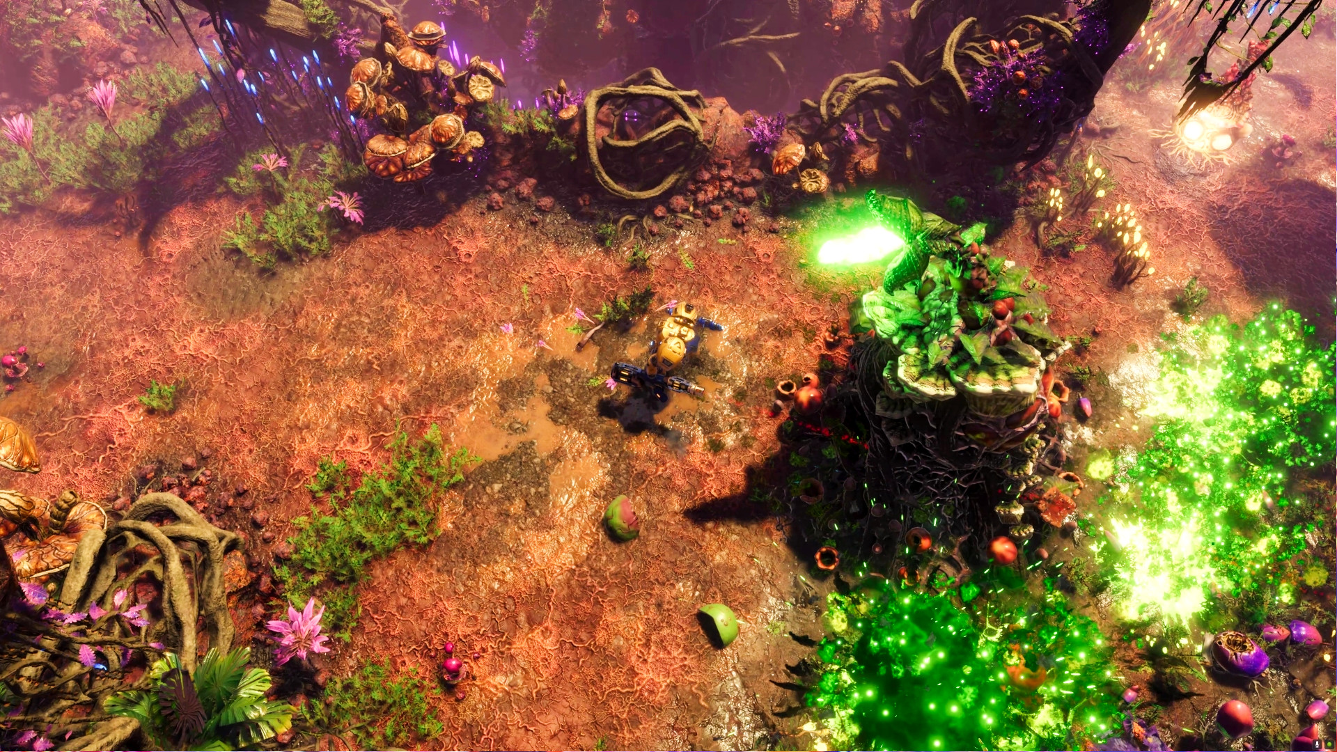The Riftbreaker Heart of the Swarm DLC - Bir makine, yeşil pislik saçan dev bir mantar oluşumuna yaklaşıyor.