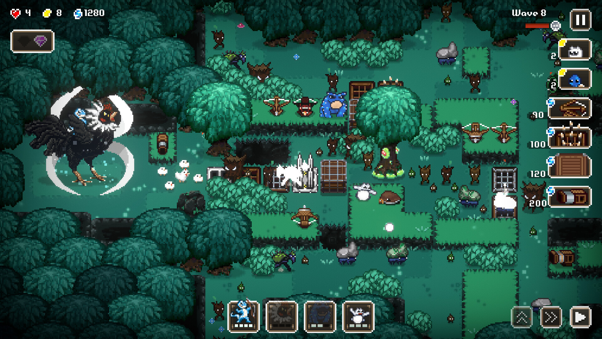 Piksel sanat kule savunma oyunu Bean Beasts - Orman köleleri taretlerden oluşan bir yol boyunca ilerlerken dev bir kuş sesleniyor.