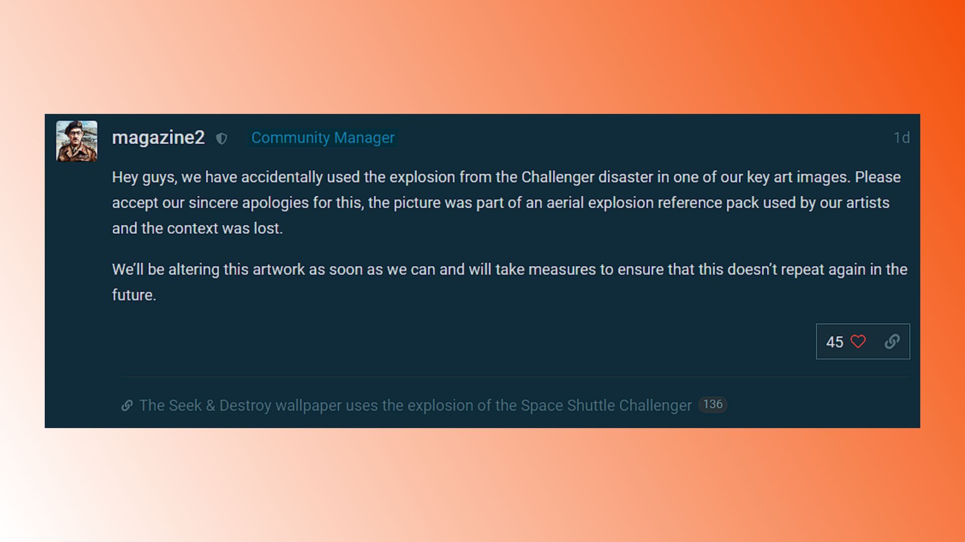 War Thunder Challenger felaketinden özür: War Thunder ekibinin Challenger patlamasını kullandığı için özür dileyen bir forum mesajı