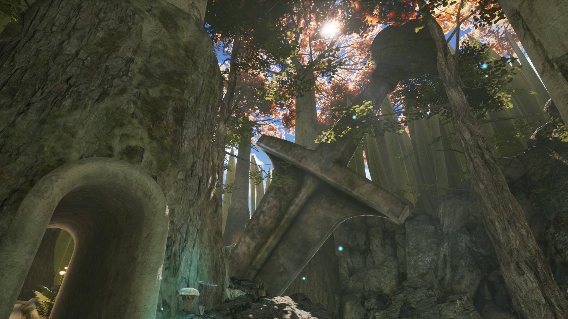 Riven incelemesi: Riven'daki bir ormandaki dev bir kılıcın ekran görüntüsü.