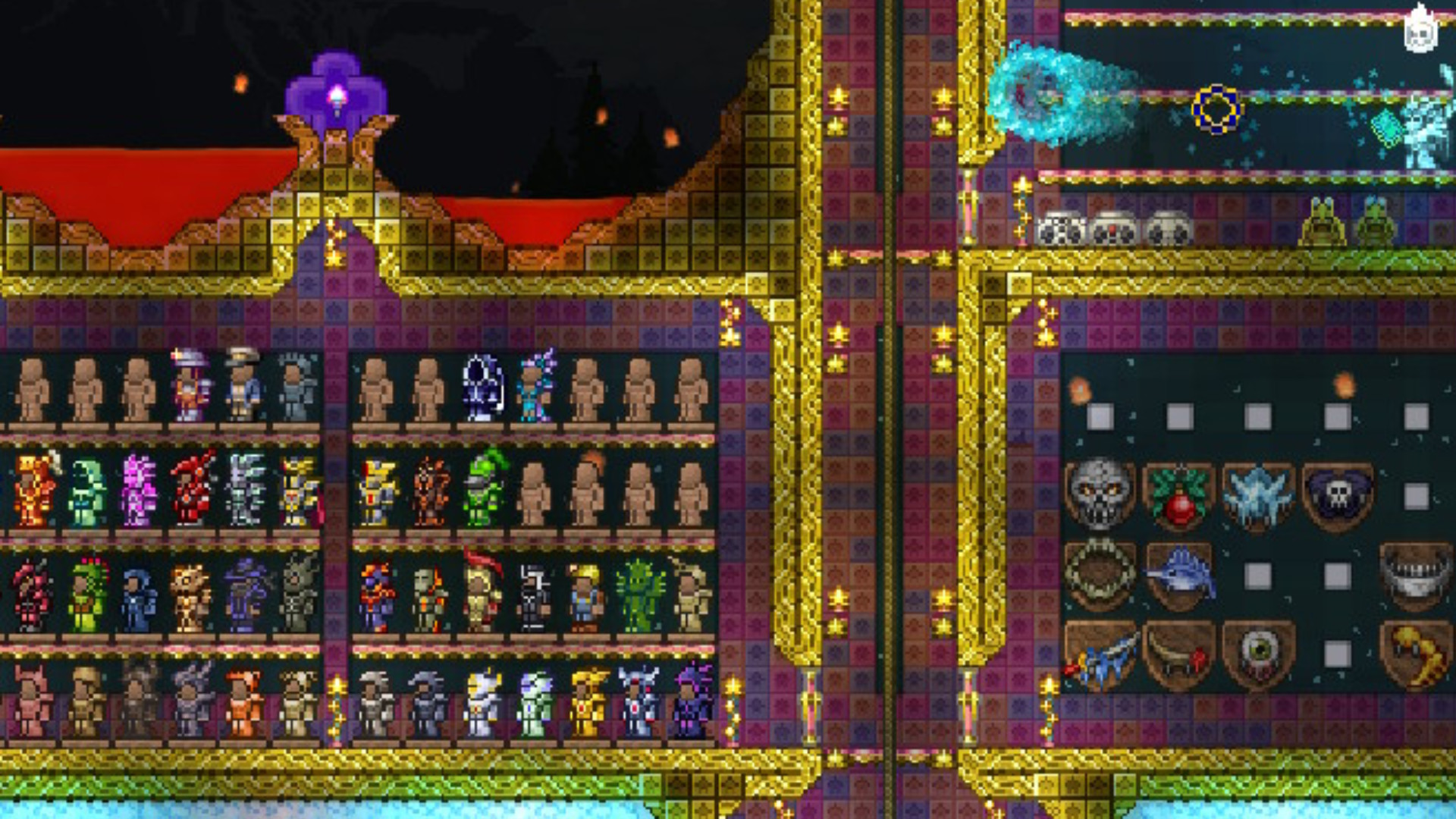 Terraria 1.4.5 güncellemesi - Bazı yeni türler de dahil olmak üzere çeşitli zırh setleri giyen bir dizi manken.