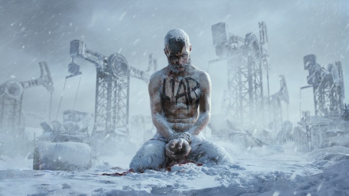 Frostpunk 2'de göğsünde Yalancı yazan donmuş bir adam petrol platformlarının önünde oturuyor.