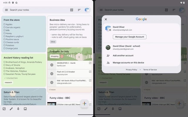 Google Keep artık Android tabletlerde ve katlanabilir cihazlarda iki hesabın yan yana kullanılmasını destekliyor