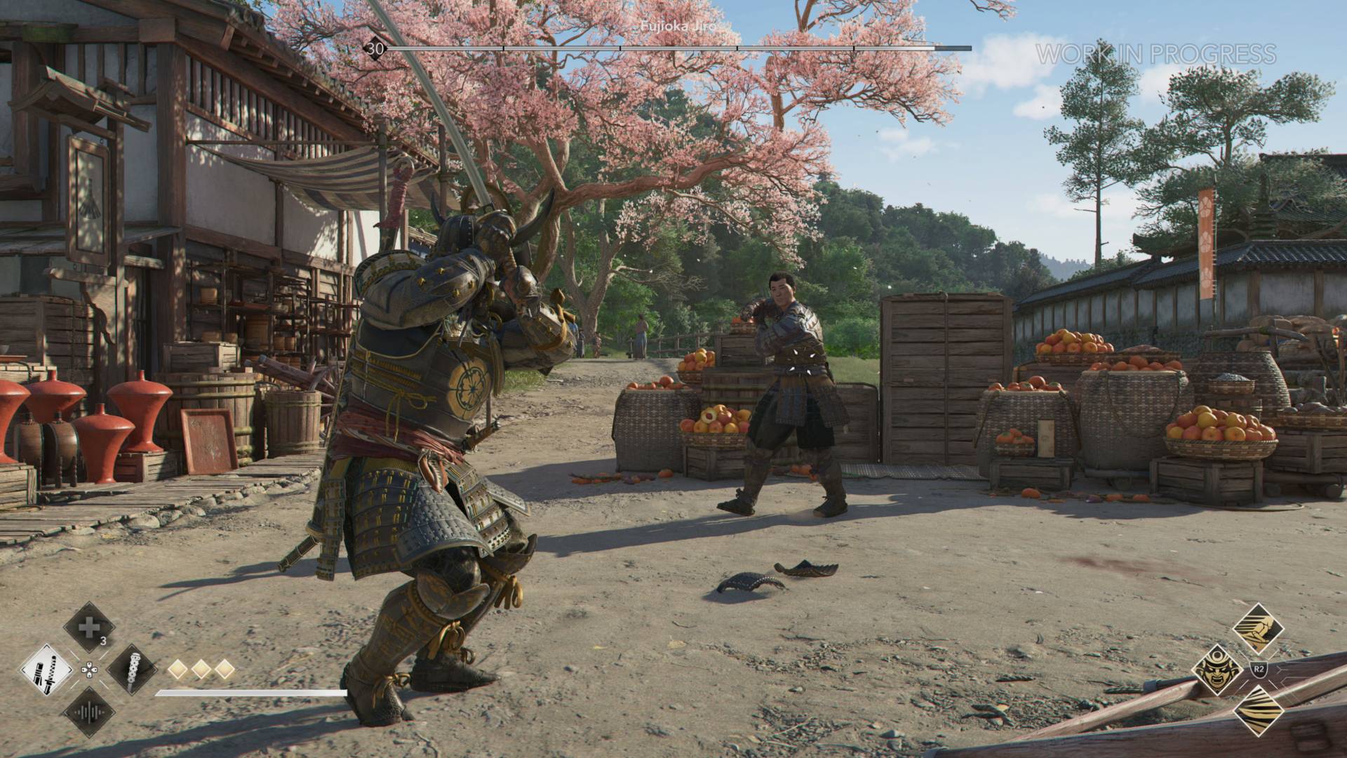 Büyük bir samuray savaşçısı, arkasında kiraz çiçekleri olan kirli bir alanda başka bir zırhsız adamla savaşıyor