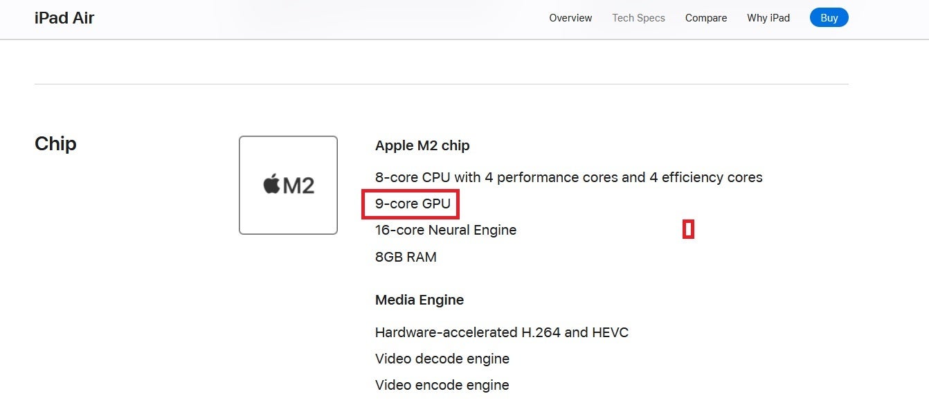 iPad Air'in teknik özellikler sayfası 9 çekirdekli GPU'nun revizyonunu gösteriyor - Apple, iPad Air (2024) tabletlerine güç veren M2 çipinin sürümünü düşürüyor