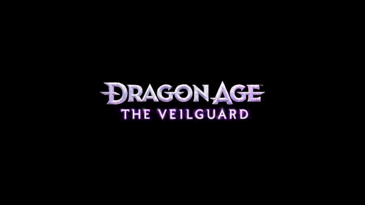 Dragon Age'in logosu: Siyah zemin üzerine mor metinden oluşan The Veilguard.