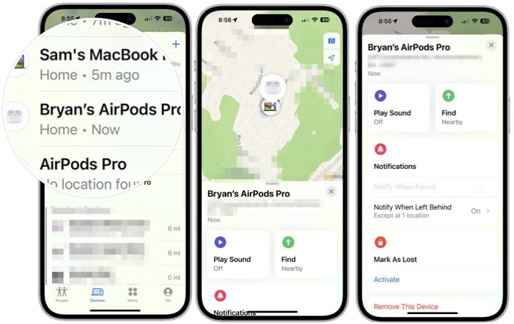 iPhone'daki Bul uygulamasında kaybolan AirPod'ları bulmaya yönelik adımları gösteren ekran görüntüleri.