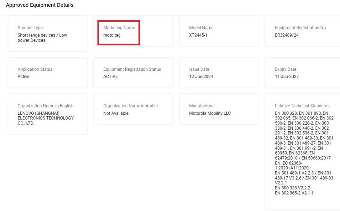Moto Tag BAE'nin TDRA Sertifikasyon sitesinde görünüyor Resim kredisi-MySmartPrice - Moto Tag ürün takibi sertifikasyon web sitesinde görünüyor