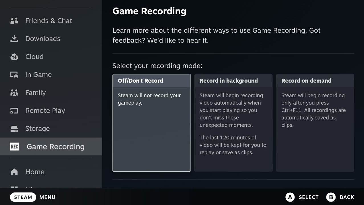 Steam Deck'teki Steam Oyun Kaydı ayarları menüsünün ekran görüntüsü.