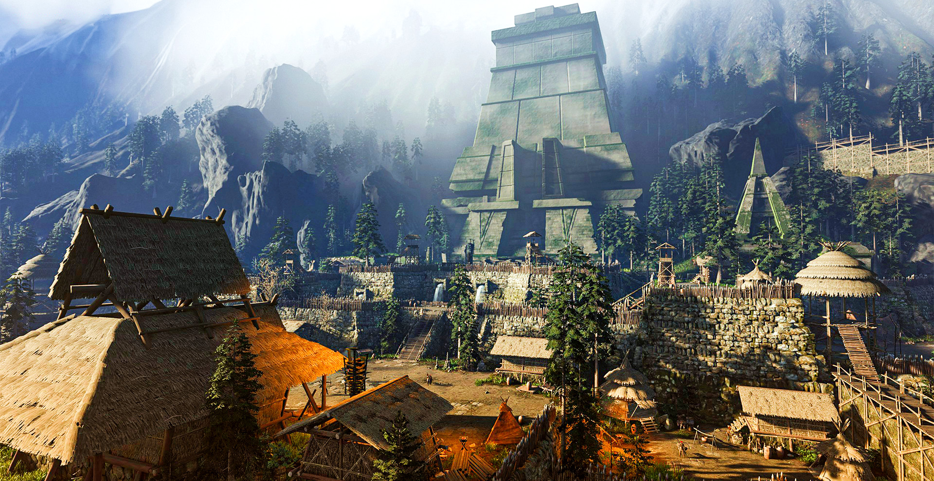 Soulmask – Dağlarda büyük bir taş kulenin desteklediği bir yerleşim yeri.