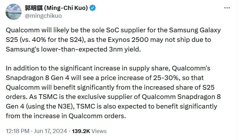 Samsung, Snaopdragon 8 Gen 4 AP'yi tüm Galaxy S25 modellerinde kullanabilir Ming-Chi Kuo diyor - Üretim sorunu, Galaxy S25 serisinde hiçbir Exynos AP'nin kullanılmayacağı anlamına geliyor