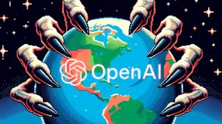 OpenAI logosuyla piksel sanat tarzında Dünya gezegenini kavrayan eller