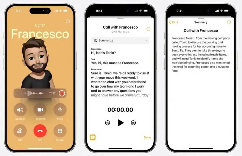 iOS 18 ile iPhone kullanıcıları aramaları kaydedebilecek, bunları yazıya dökebilecek ve yapay zeka tarafından oluşturulan özetleri alabilecek. iOS 18'de iPhone kullanıcıları telefon görüşmelerini kaydedebilecek, çeviri yazıları okuyabilecek ve yapay zeka tarafından oluşturulan özetleri alabilecek.