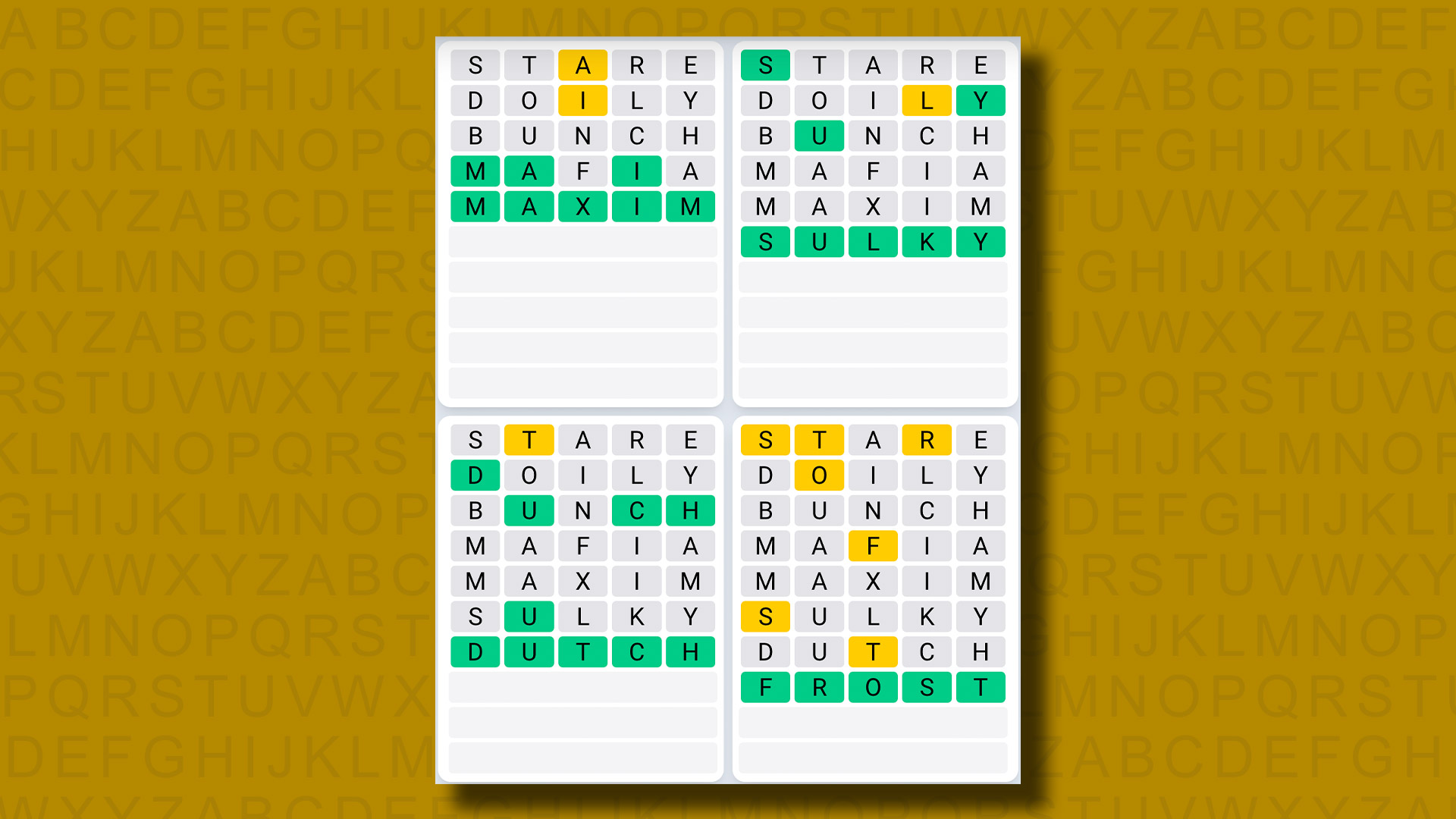 Quordle günlük dizi cevapları sarı bir arka planda 891. oyun için