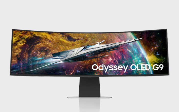 Gri bir arka plan üzerinde Samsung Odyssey OLED G9.