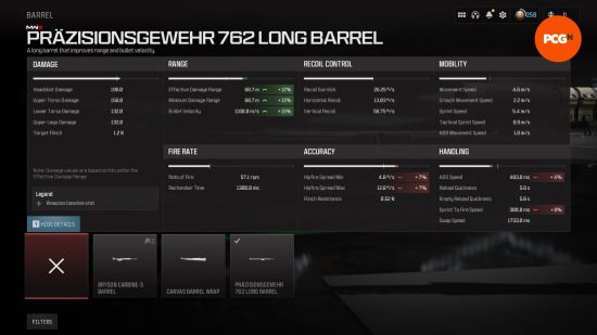 Kar98k donanımı: Mermi hızı ve nişangah hızı dahil olmak üzere tüfeğin çeşitli istatistiklerini gösteren bir ekran.