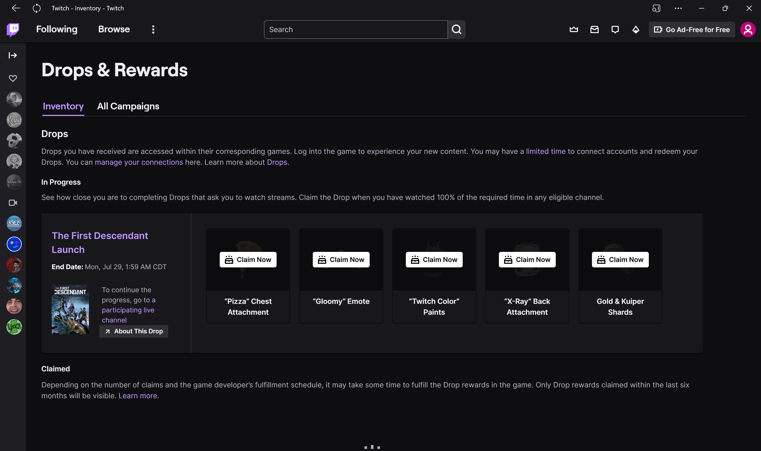 The First Descendant Twitch Drops'un ekran görüntüsü.