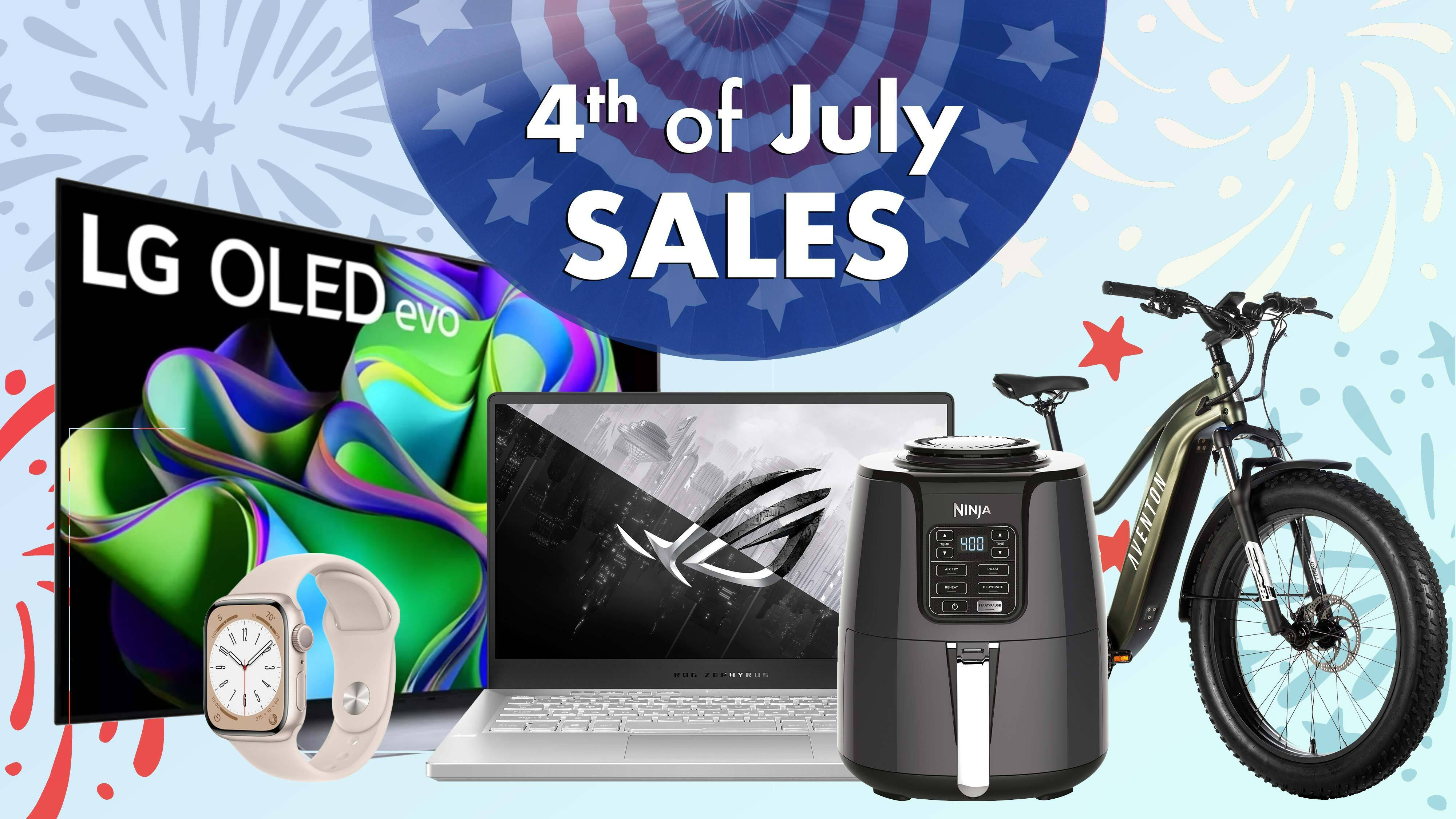 OLED TV'ler, dizüstü bilgisayarlar ve hava fritözlerini gösteren 4 Temmuz satış afişi.