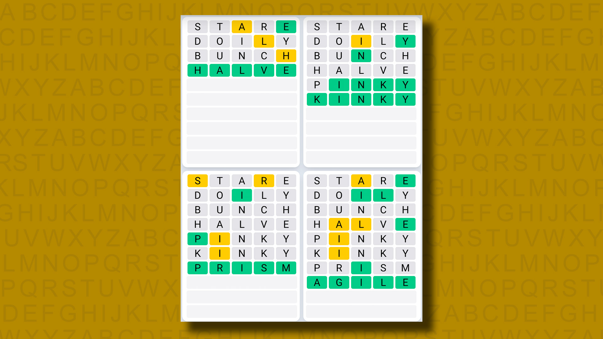 Quordle günlük dizi cevapları sarı bir arka planda 892. oyun için