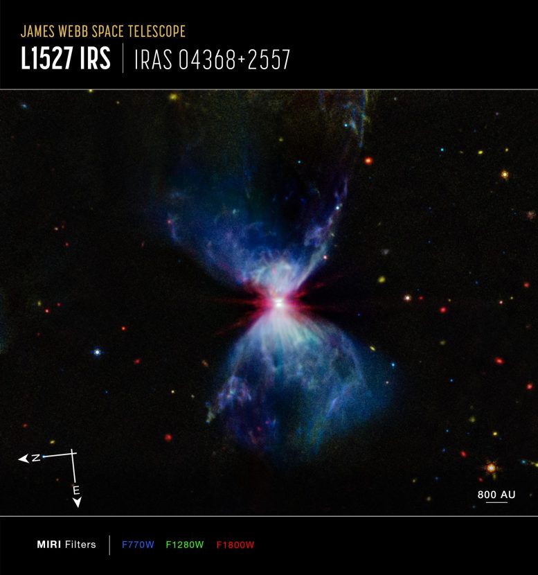 L1527 ve Protostar (Webb Compass MIRI Görüntüsü)