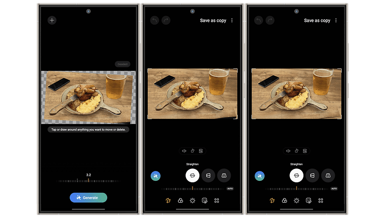 Ekran görüntüleri Galaxy AI ile fotoğrafların nasıl düzeltileceğini gösteriyor